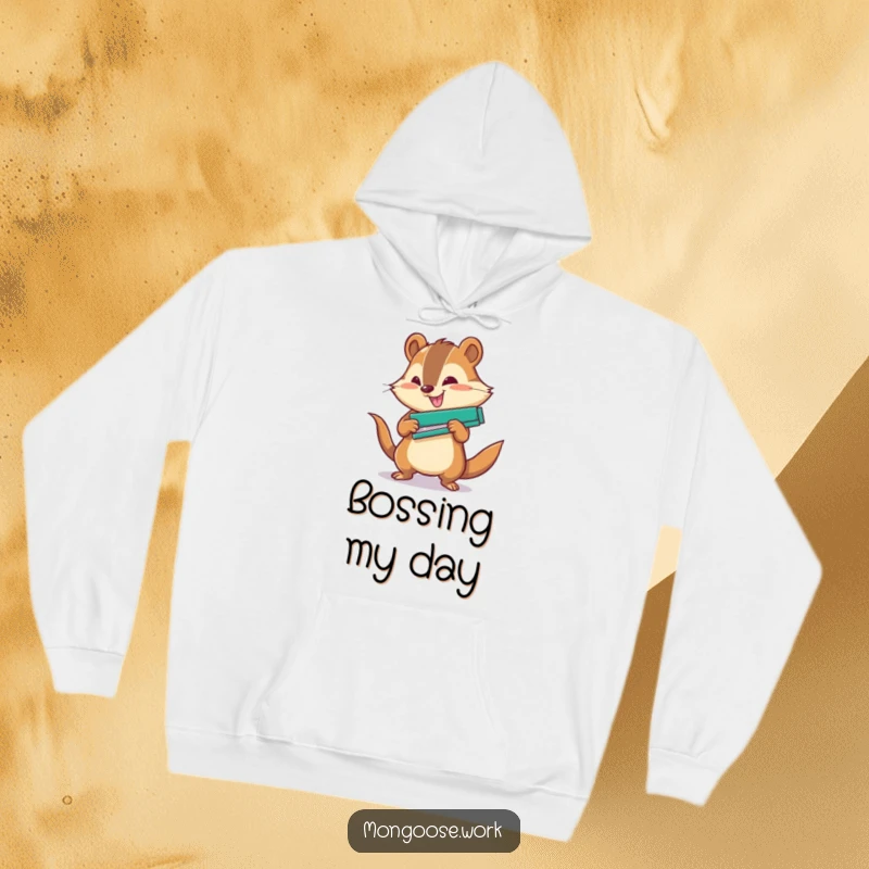 Funny Office Hoodie: A cheerful mongoose character using a stapler with great force, symbolizing power and focus.