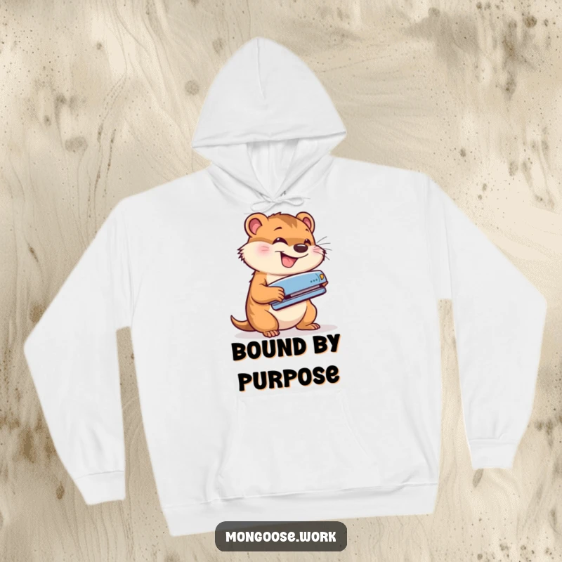Funny hoodie featuring a cute mongoose energetically using a stapler with a grin, providing warmth and a humorous office motivation theme.