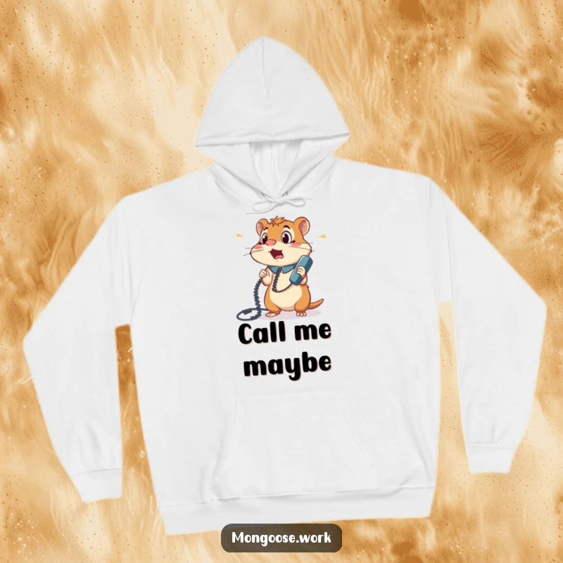 Funny hoodie depicting a surprised mongoose office worker ensnared by a phone cord, with wide, confused eyes, embodying technological frustration.