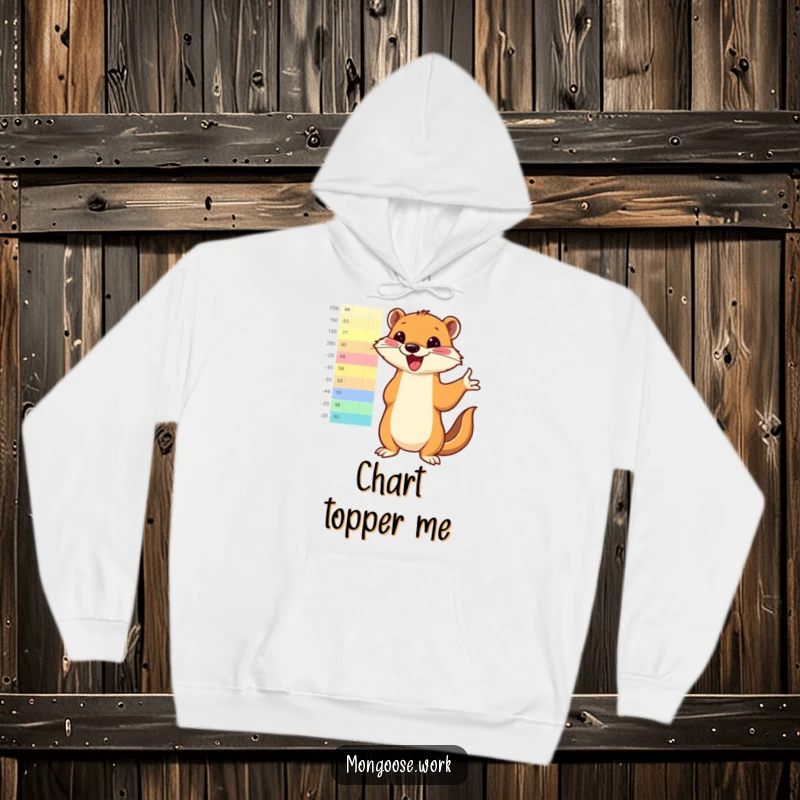 Funny mongoose enthusiastically pointing to a bright, colorful chart on a soft hoodie, exuding motivational energy and office savvy.