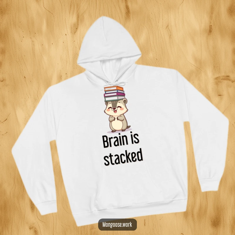 Funny Kawaii mongoose hoodie, showing a giggling mongoose balancing a stack of files on its head, perfect for cozy, organized wear.