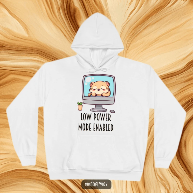 Funny Kawaii mongoose character snoozing on a computer, featured on a warm hoodie, perfect for sleepy office humor lovers.