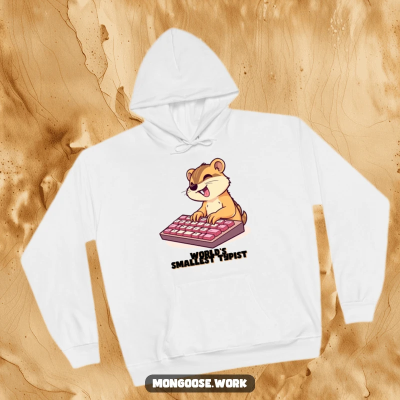 Funny hoodie featuring a cute mongoose character furiously typing on an oversized keyboard, representing focus and fun.