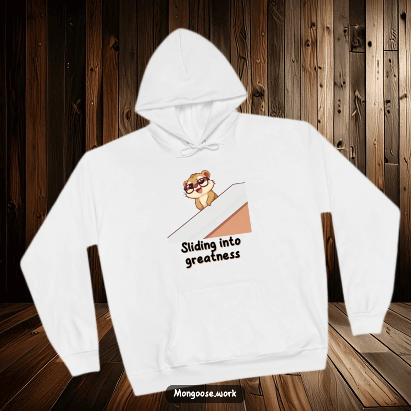 Funny mongoose wearing glasses slides down a desk banister with glee, featured on a warm, comfortable hoodie.