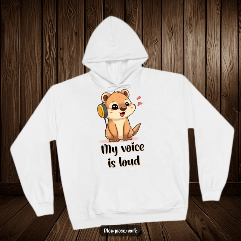 Funny hoodie featuring a cute mongoose character with a comically large headset, talking animatedly, perfect for communication comfort.