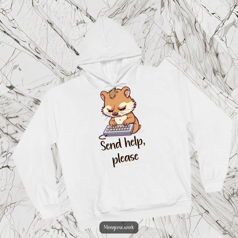 Funny hoodie depicting a stressed mongoose typing intensely on a small keyboard, a symbol of modern work life.