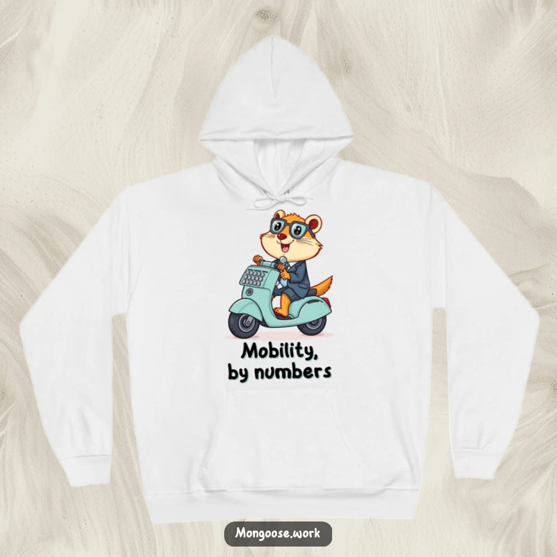 Funny Mongoose Hoodie, a mischievous office worker using an adding machine as a scooter, embodying playful office antics.