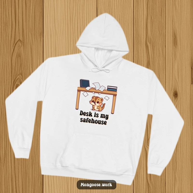Funny startled mongoose hoodie, character ducking under a desk, papers flying, cozy humor.