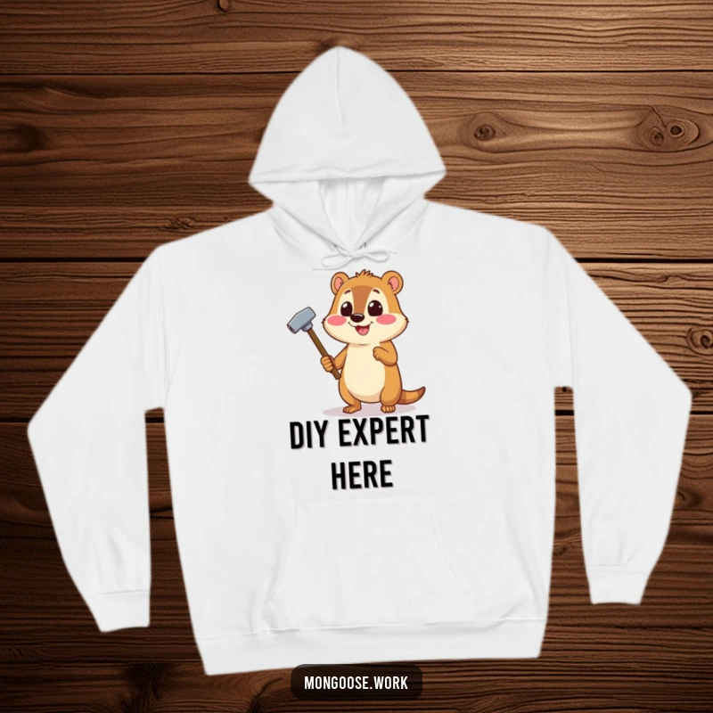 Funny Mongoose DIY hoodie illustration of a cheerful mongoose wielding a stapler as a hammer, perfect for cozy crafting.