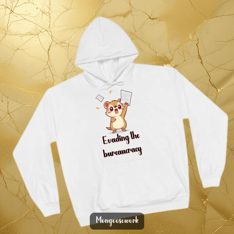 Funny Kawaii mongoose hoodie, showing a surprised mongoose comically dodging a flying document, perfect for cozy, humorous wear.
