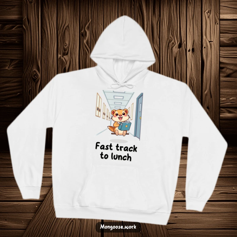 Funny Mongoose Hoodie, a happy office worker sliding down a hallway on a file folder, embodying office joy and freedom.