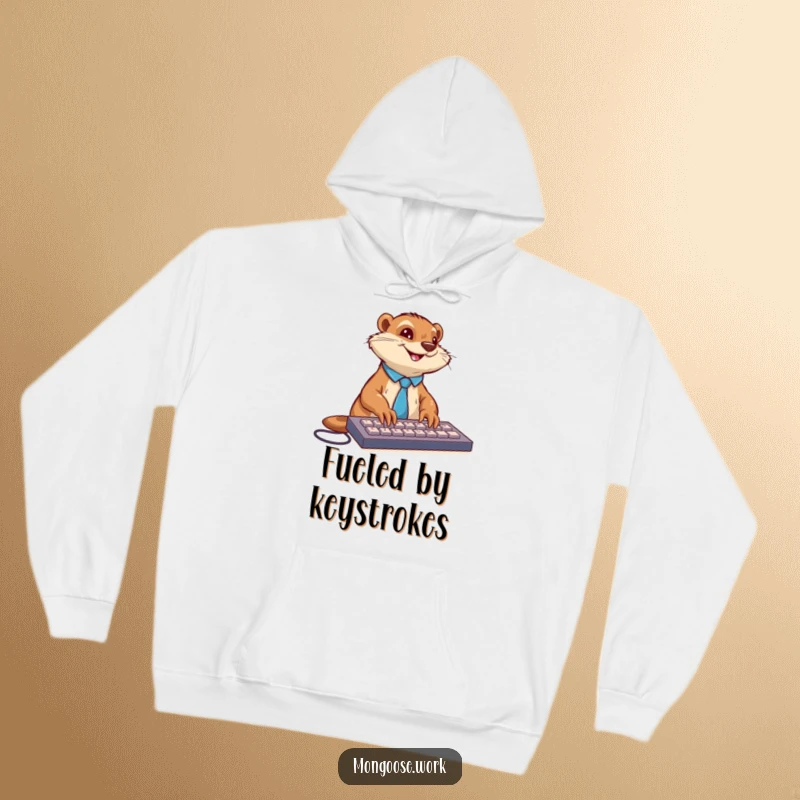 Funny mongoose in a tie enthusiastically typing on a keyboard with a smile, featured on a warm, comfortable hoodie.