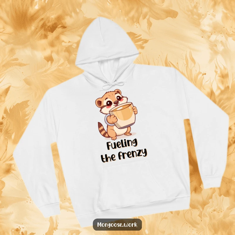 Funny Mongoose Hoodie: A delightful mongoose with wide eyes holding a massive coffee cup, symbolizing morning energy.
