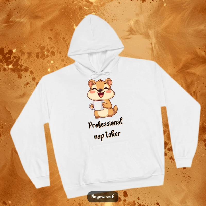 Funny Mongoose Hoodie: A smiling mongoose character enjoying a warm beverage, perfect for cozy, cheerful moments.