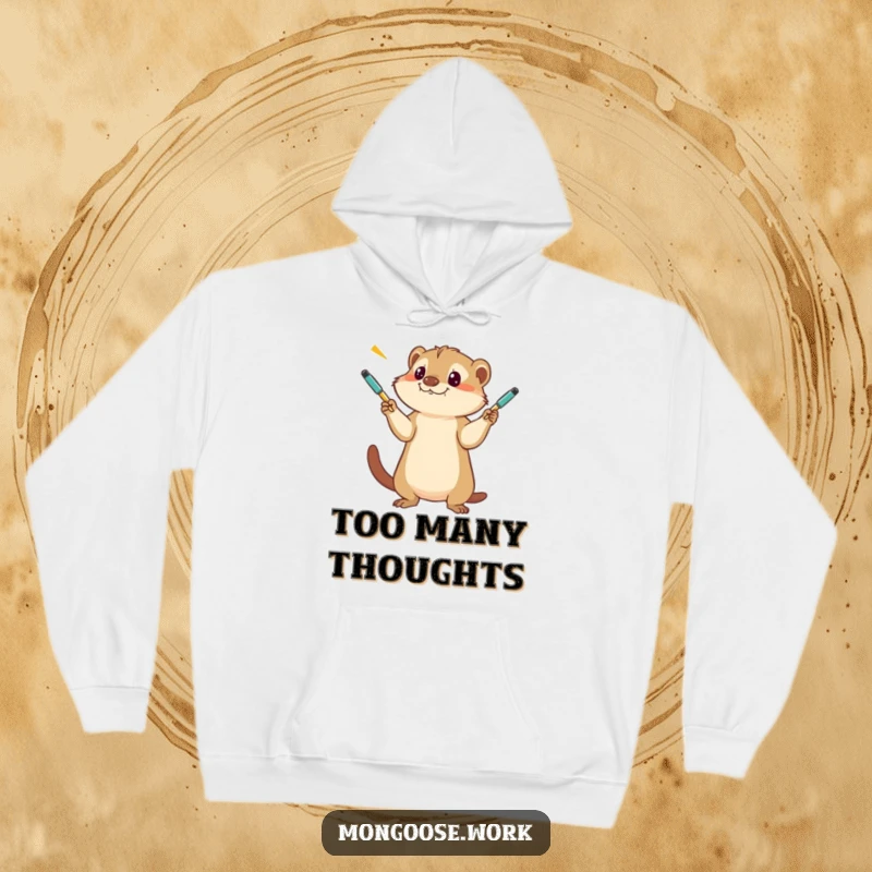 Funny Mongoose Hoodie, showing a dedicated mongoose expertly juggling a pile of pens, radiating focus and playful energy.