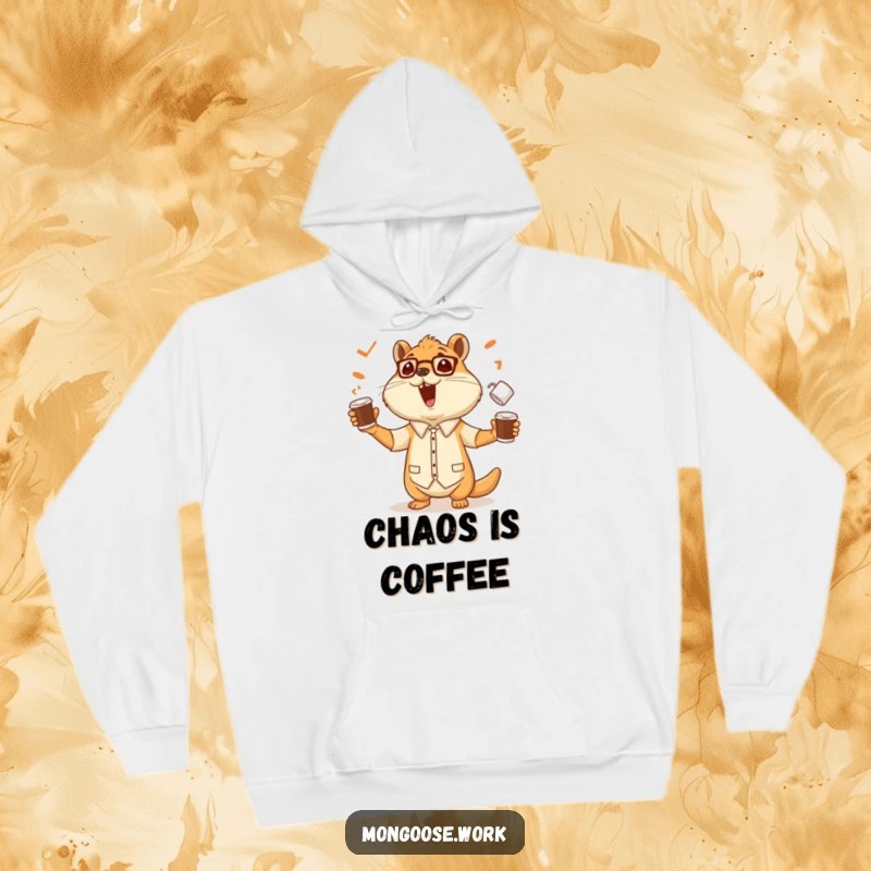 Funny hoodie depicting a cheerful mongoose office worker skillfully juggling multiple coffee cups, radiating energy and impressive coordination.