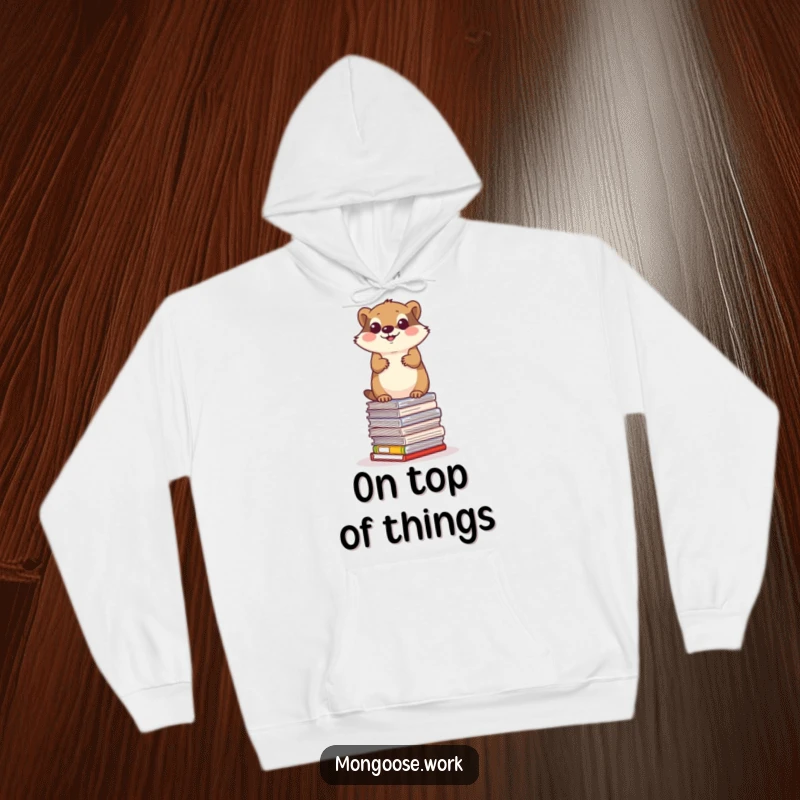 Funny mongoose hoodie, a determined mongoose balancing on a stack of office papers, cozy office challenge.