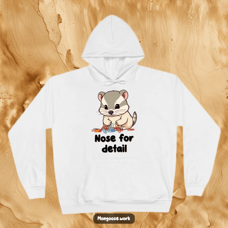 Funny mongoose hoodie, a mongoose intensely organizing paperclips with its nose, cozy office humor.
