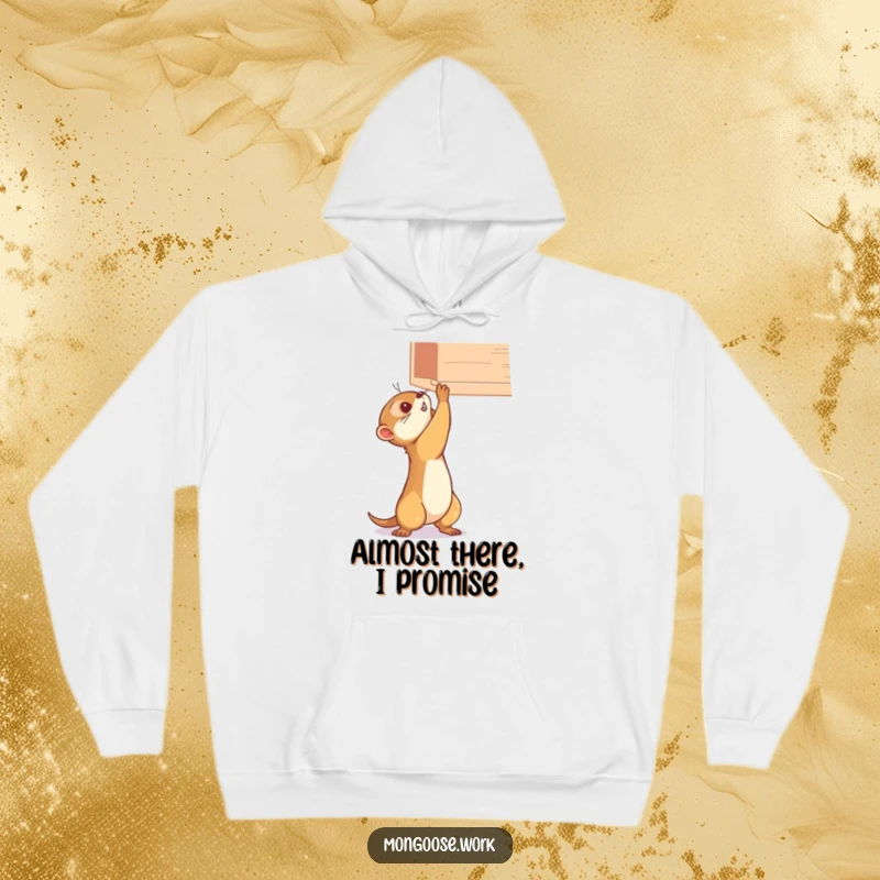 Funny mongoose hoodie, stretching to reach a high shelf with sheer determination, offering cozy motivation and humor.