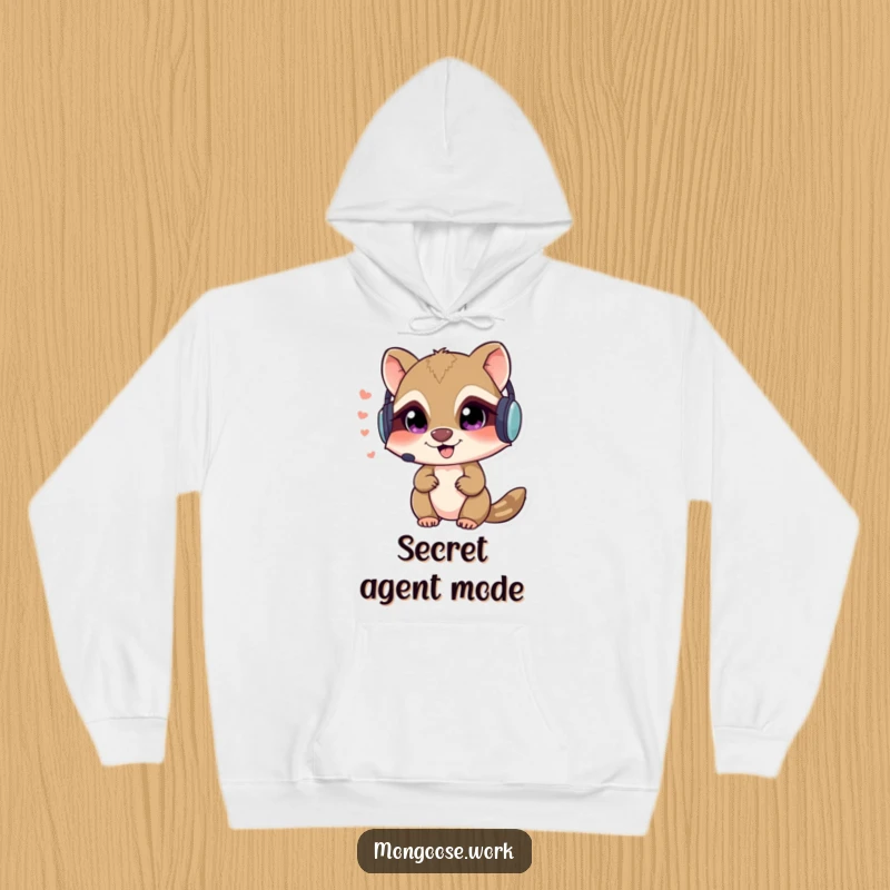 Funny Mongoose spy hoodie illustration of a sneaky character in a headset, sharing secrets, perfect for cozy espionage.