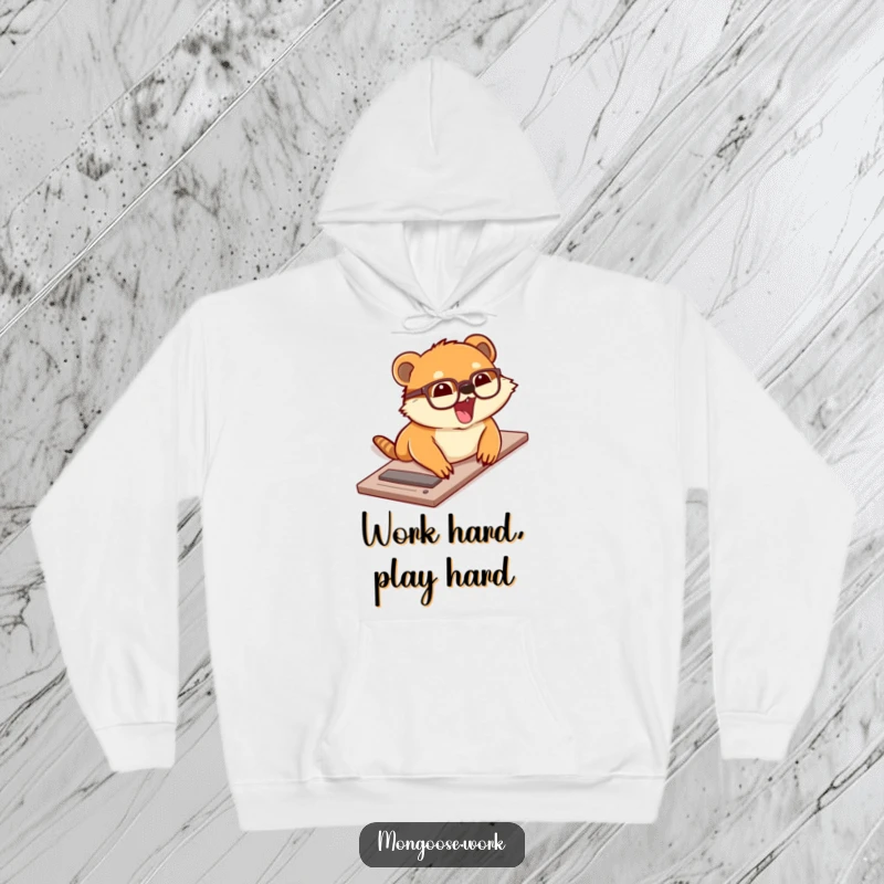 Funny hoodie featuring a cute mongoose wearing glasses sliding down a desk with excitement, perfect for staying warm and cheerful.