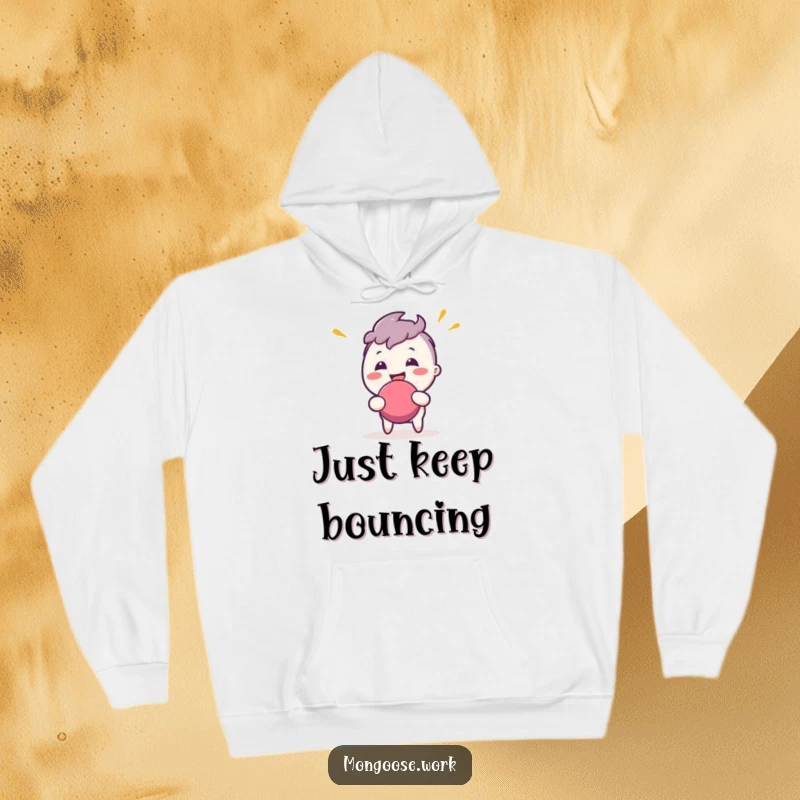 Funny Hoodie: Cheerful character enthusiastically bouncing a stress ball, promoting relaxation and humor.