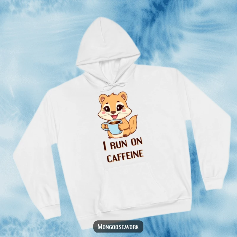Funny hoodie depicting a joyful, determined mongoose character holding a coffee cup with a wide smile, offering warm, humorous morning vibes.
