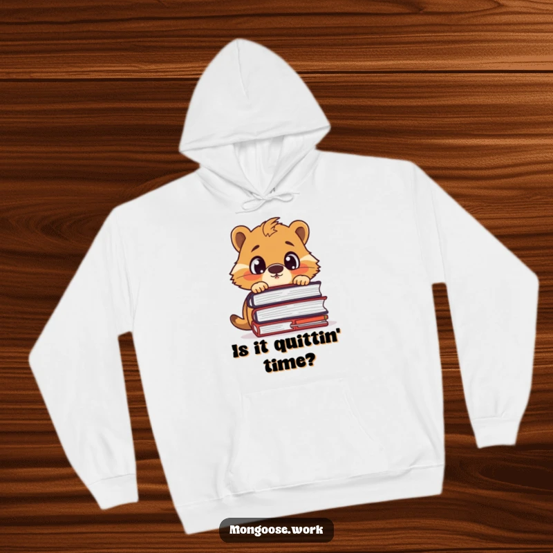 Funny hoodie featuring a surprised mongoose character peeking over a towering stack of files, representing work challenges.