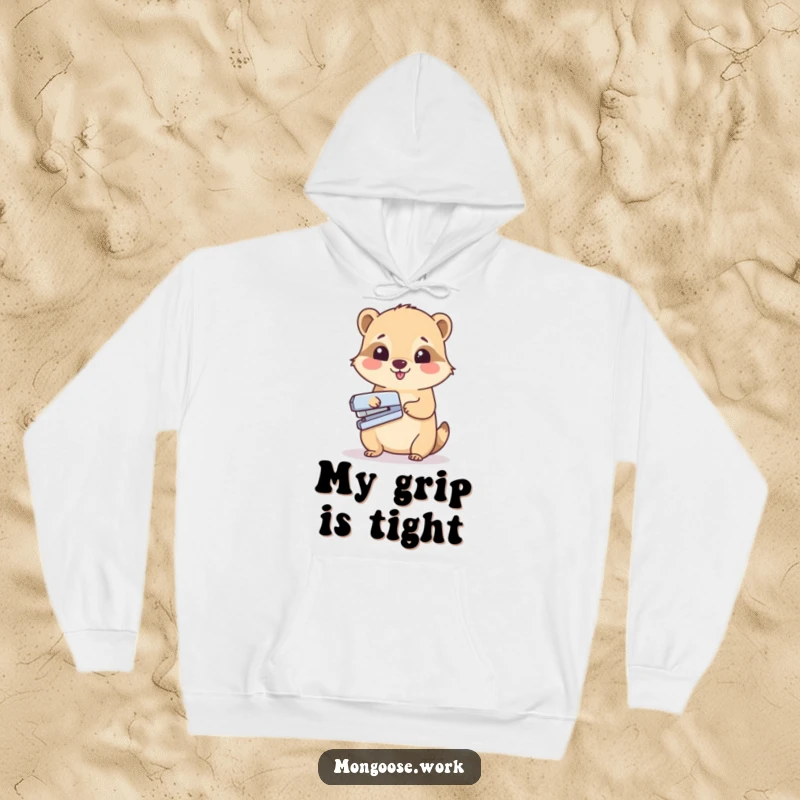 Funny hoodie featuring a cute mongoose character happily using a stapler on a document, ideal for comfortable office work.