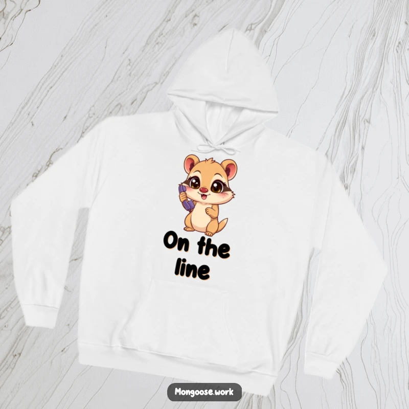 Funny Mongoose Hoodie: An excited mongoose with focused eyes answers a ringing phone, perfect for cozy humor and staying connected.