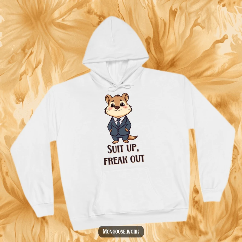 Funny Business Mongoose Hoodie: A silly mongoose in a sharp suit looking utterly lost, offering a humorous and warm gift.