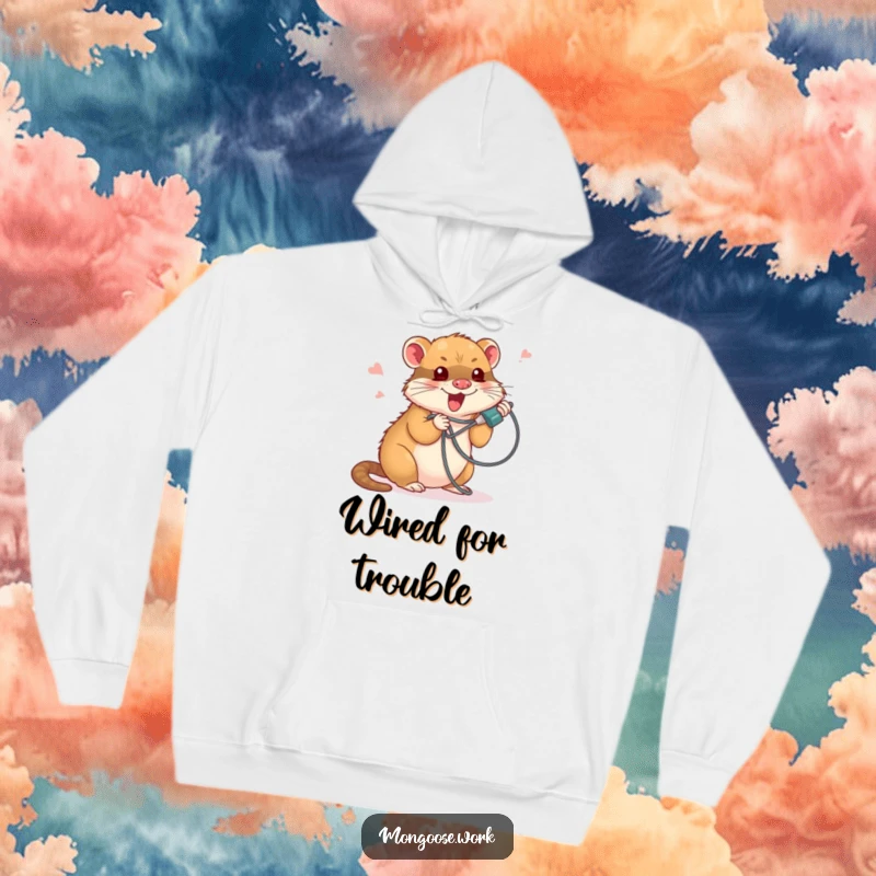 Funny hoodie featuring a cute mongoose comically tangled in a phone cord, providing warmth and a humorous tech-struggle theme.