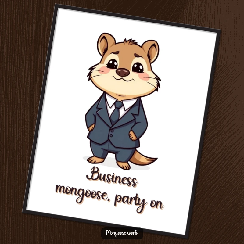 Funny free printable wall art: A silly mongoose character dressed in a full business suit, looking utterly confused.