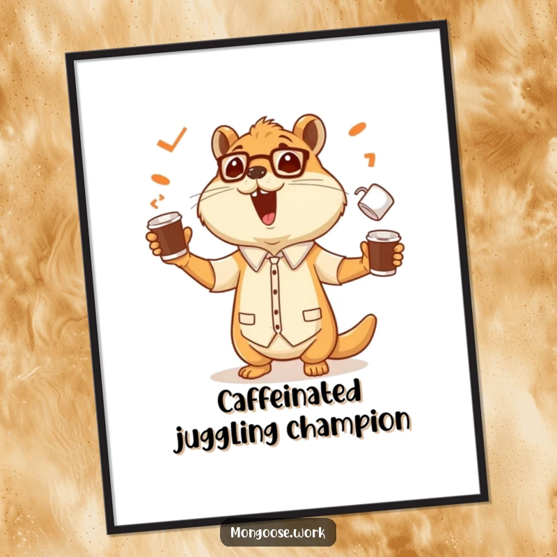Funny Free Printable Wall Art: Cheerful mongoose office worker skillfully juggling multiple coffee cups, a dynamic and funny scene