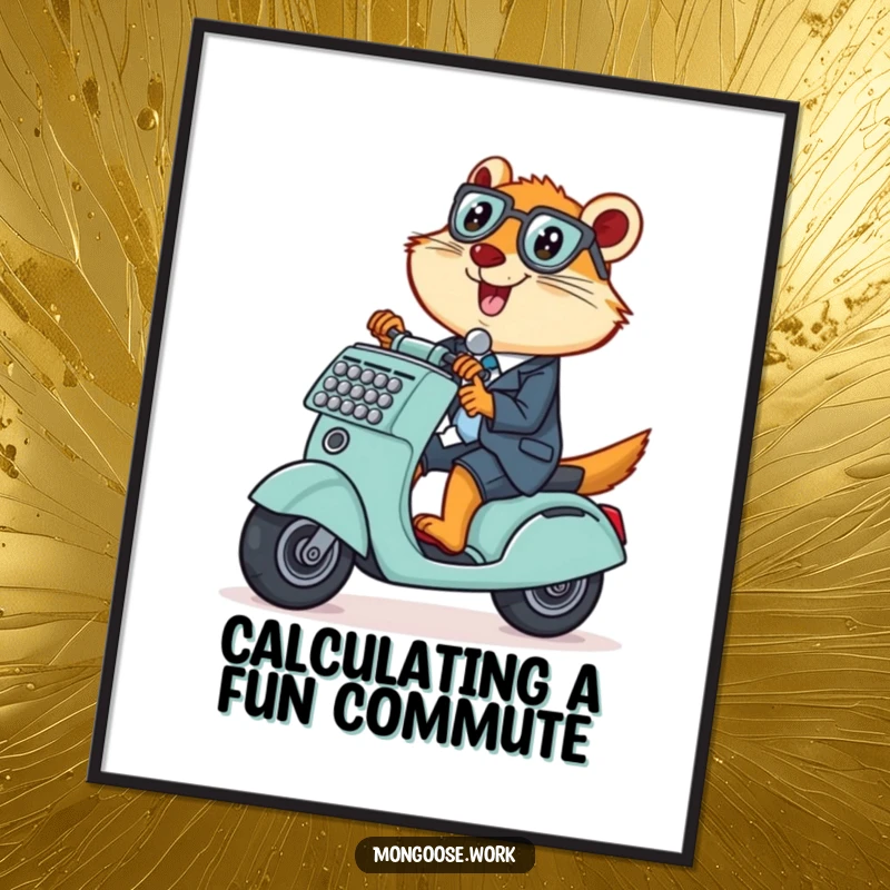 Funny Free Printable Wall Art: Mischievous mongoose office worker riding an adding machine like a scooter.