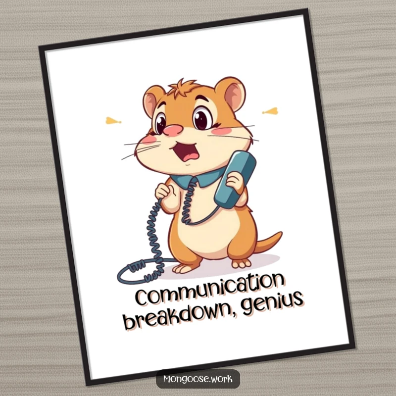 Funny Free Printable Wall Art: Surprised mongoose office worker tangled in a phone cord, a comical office scene