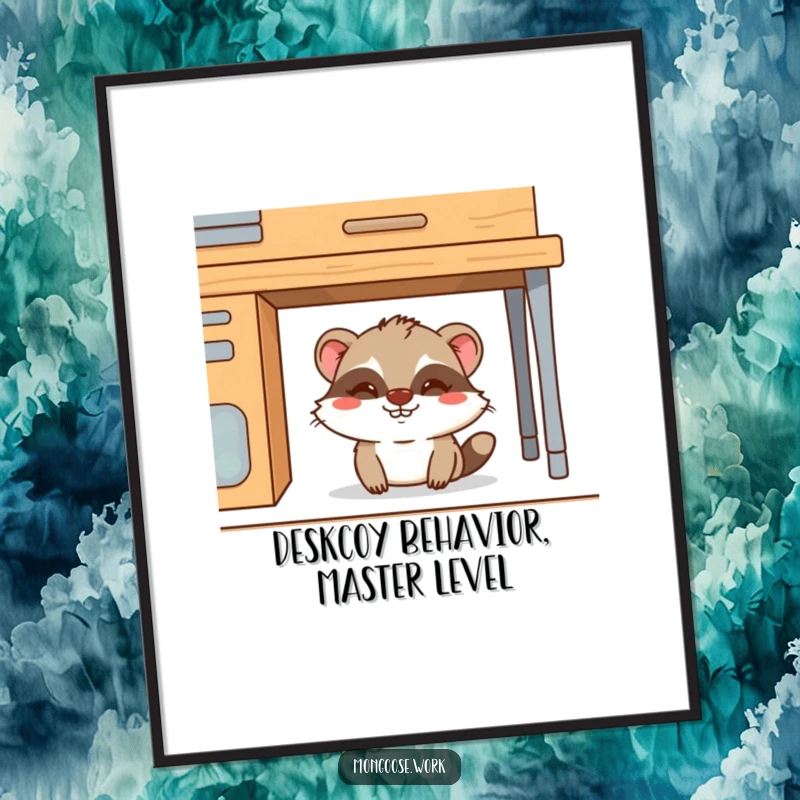 Funny Free Printable Wall Art: A cute mongoose with a mischievous grin is hiding under a desk.