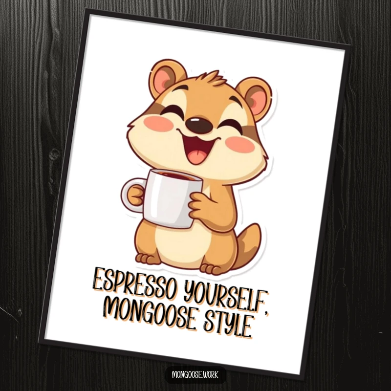 Funny Free Printable Wall Art: A smiling mongoose clutching a coffee mug, ready to conquer the day with caffeine.