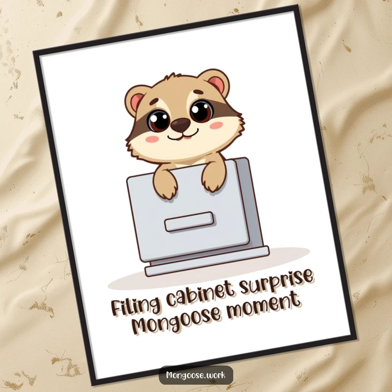 Funny Free Printable Wall Art: Mongoose peeking out of a filing cabinet with comically wide, surprised eyes.