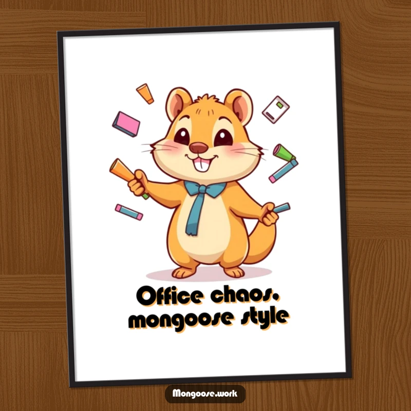 Funny Free Printable Wall Art: Happy mongoose character energetically juggling a pile of office supplies.