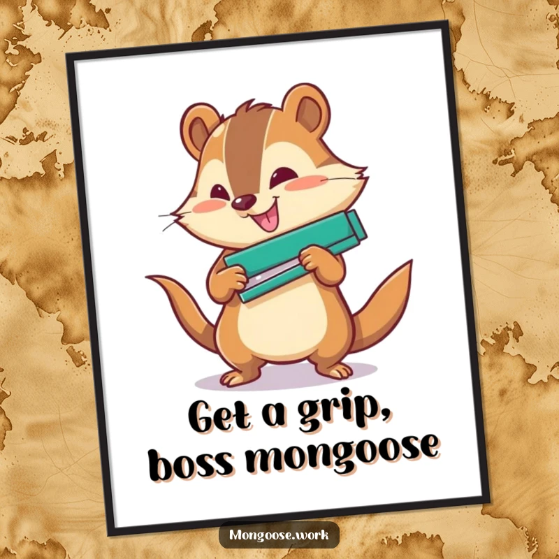 Funny Free Printable Wall Art: A mongoose aggressively stapling paper, exuding power and a touch of office chaos.