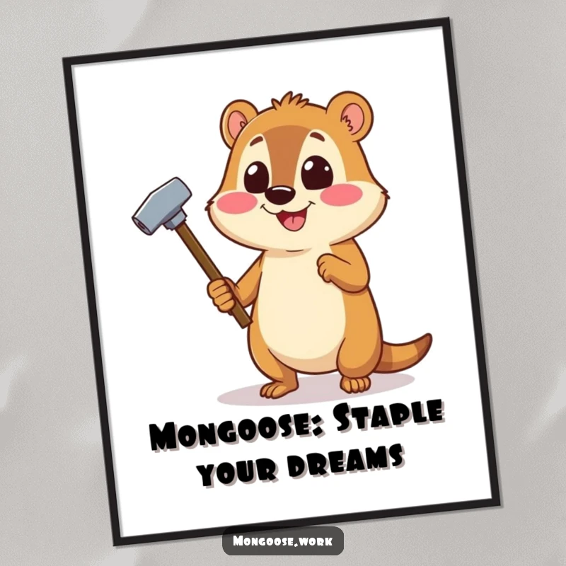 Funny Free Printable Wall Art of a cheerful mongoose using a stapler like a tiny hammer, promoting DIY fun.