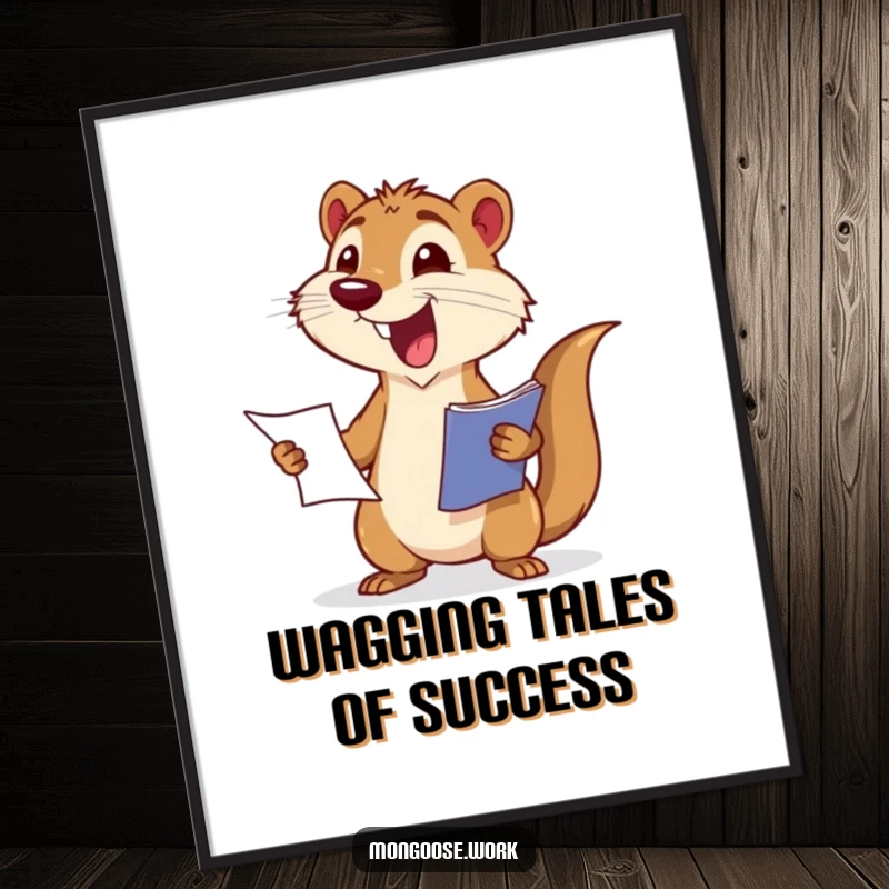 Funny Free Printable Wall Art, cute mongoose character excitedly presenting a report with a wagging tail, humorous downloadable art.