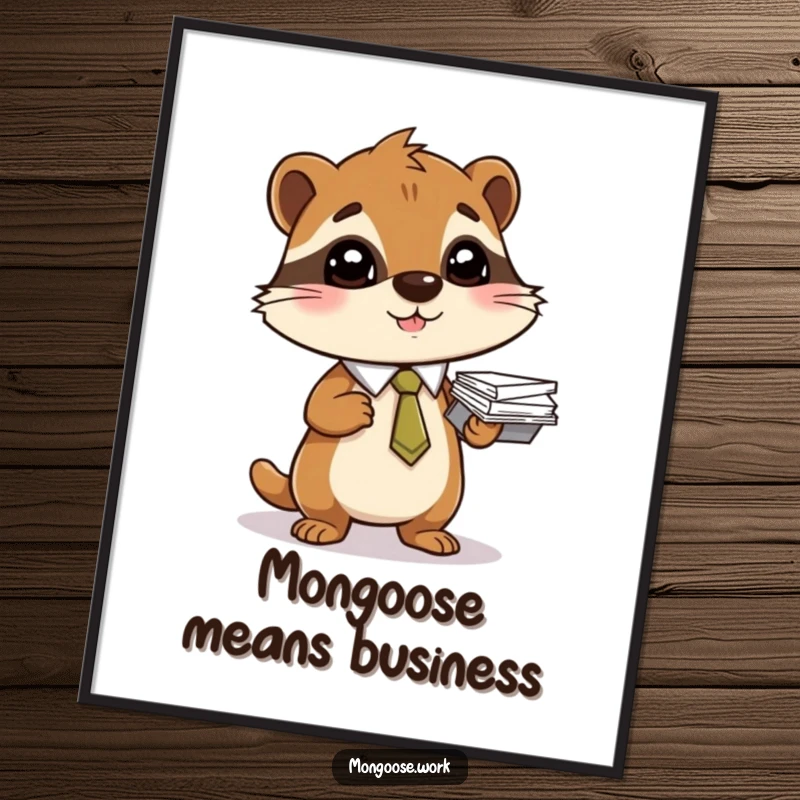 Funny Free Printable Wall Art, cute mongoose character in tie balancing a stack of papers, humorous downloadable art.