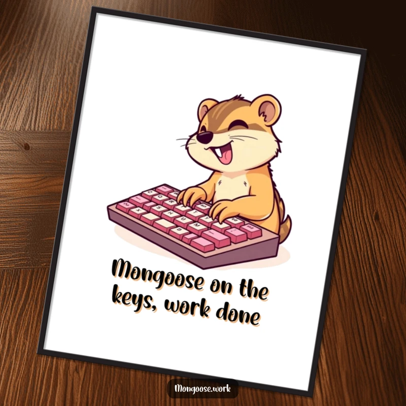 Funny Free Printable Wall Art: Cute mongoose character typing excitedly on an oversized keyboard, representing productivity and humor.