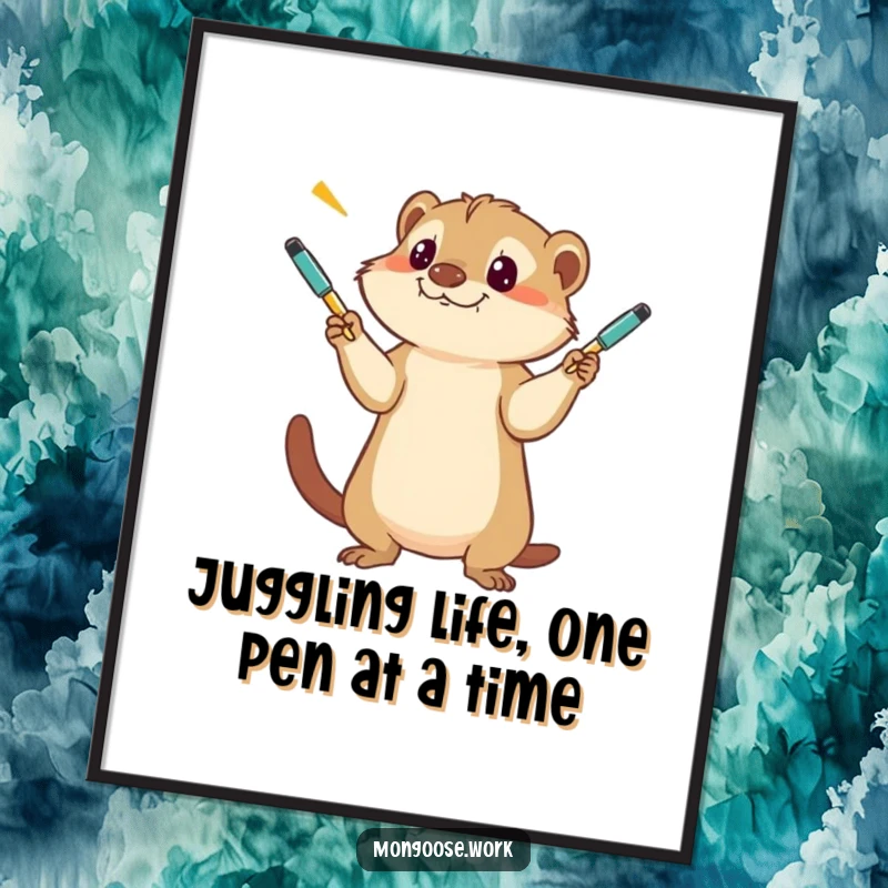 Funny Free Printable Wall Art: Mongoose artistically juggles multiple pens, radiating focus and quirky charm, a unique download.
