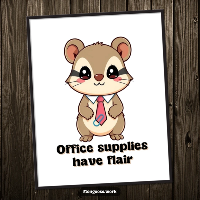 Funny Free Printable Wall Art: Mischievous Kawaii Mongoose wearing a paperclip tie, stylish downloadable decor.
