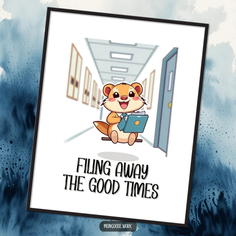 Funny Free Printable Wall Art: Happy mongoose office worker sliding on a file folder down a hallway.