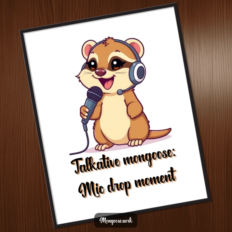 Funny Free Printable Wall Art: Mongoose wearing a headset, chattering happily into a microphone, for amusing home or office decor.