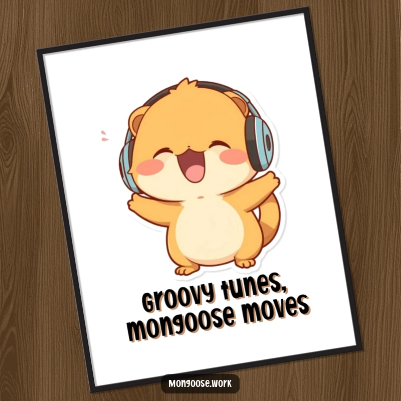 Funny Free Printable Wall Art: A mongoose with headphones, joyfully bobbing its head to an unseen, awesome beat.